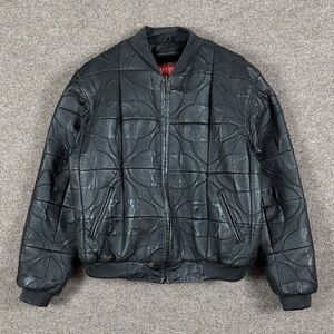 VTG East Side Black Embroidered Leather Bomber Jacket Mens 2XL Geometric Circles